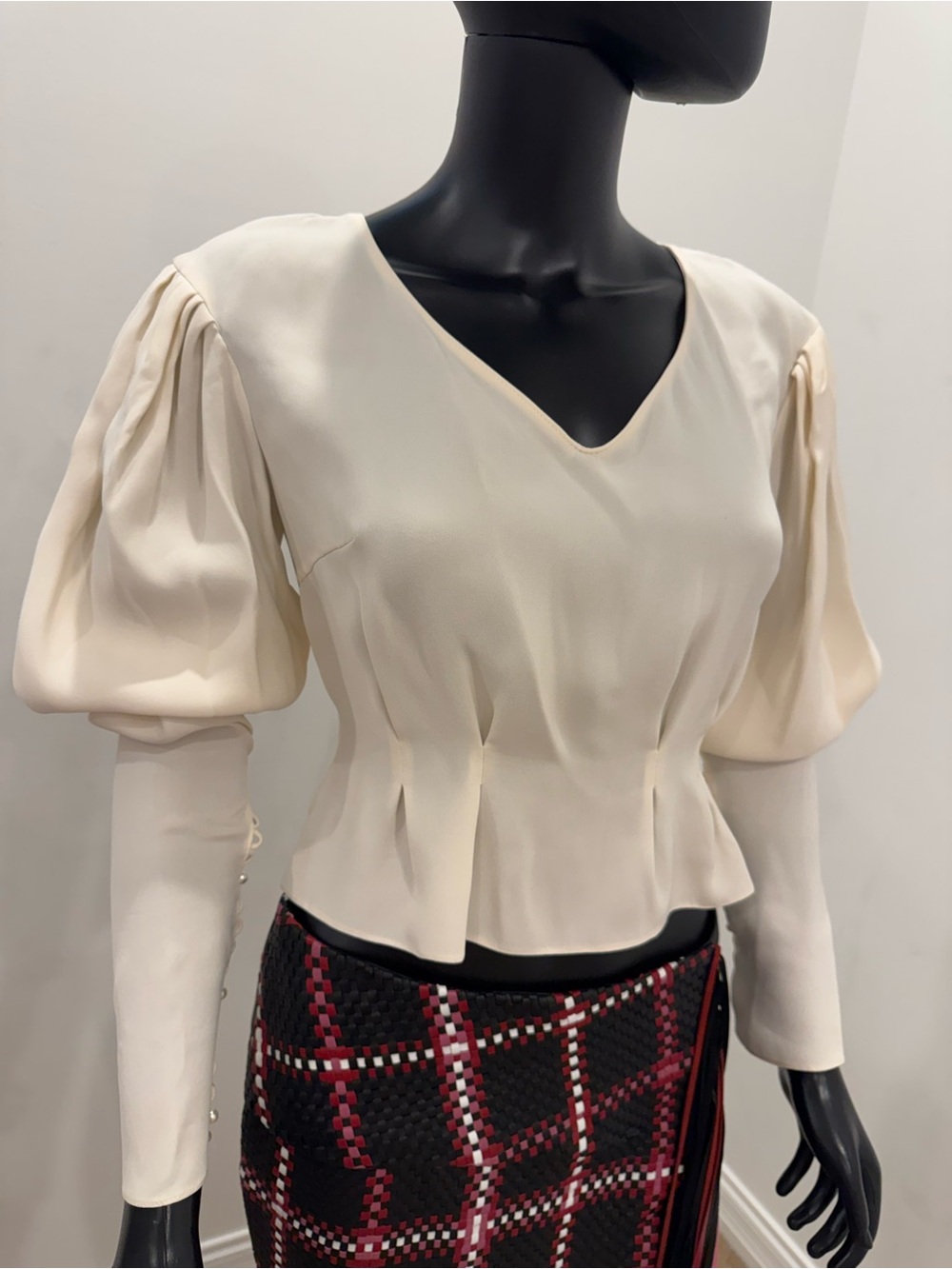 Magda Butrym Ivory Silk Pearl Puff Sleeve Peplum Blouse US 2 Never Worn